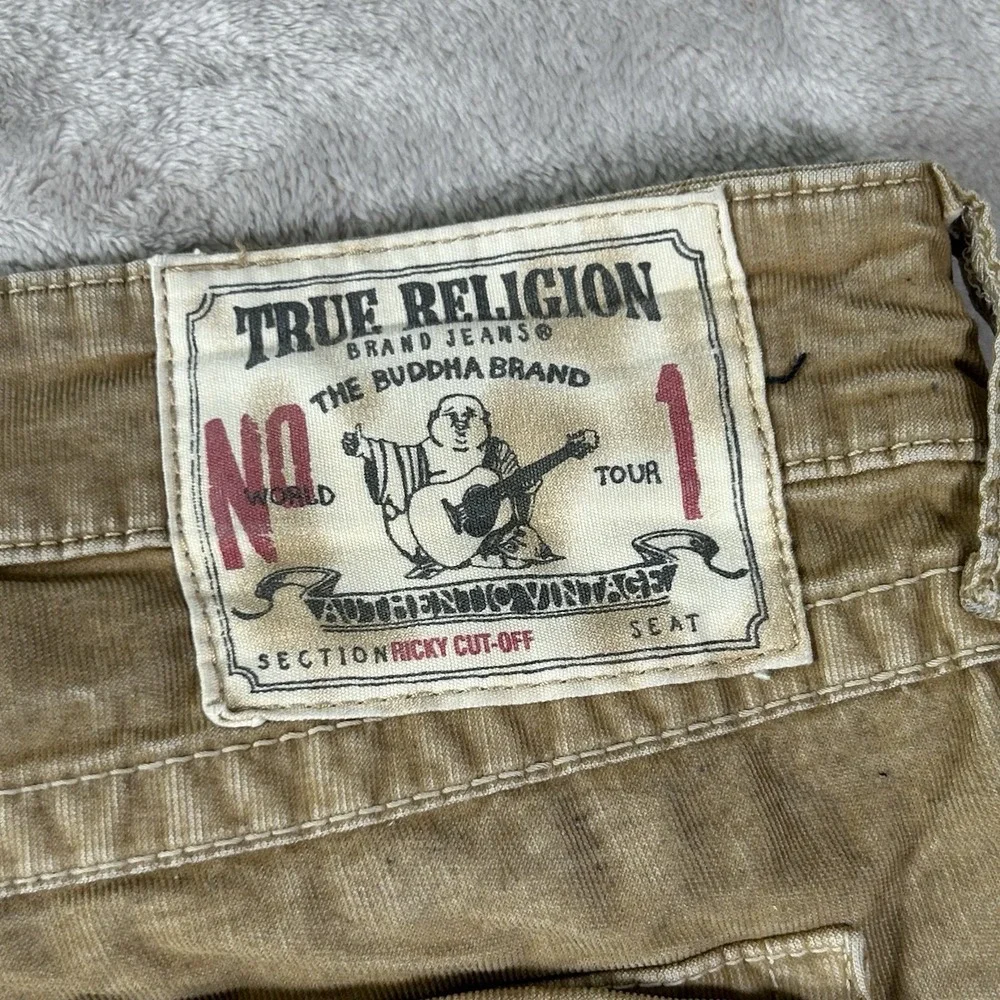 True Religion Ricky Jean Short Men 40 Tan Corduroy Frayed Flap Pocket Jorts Y2K